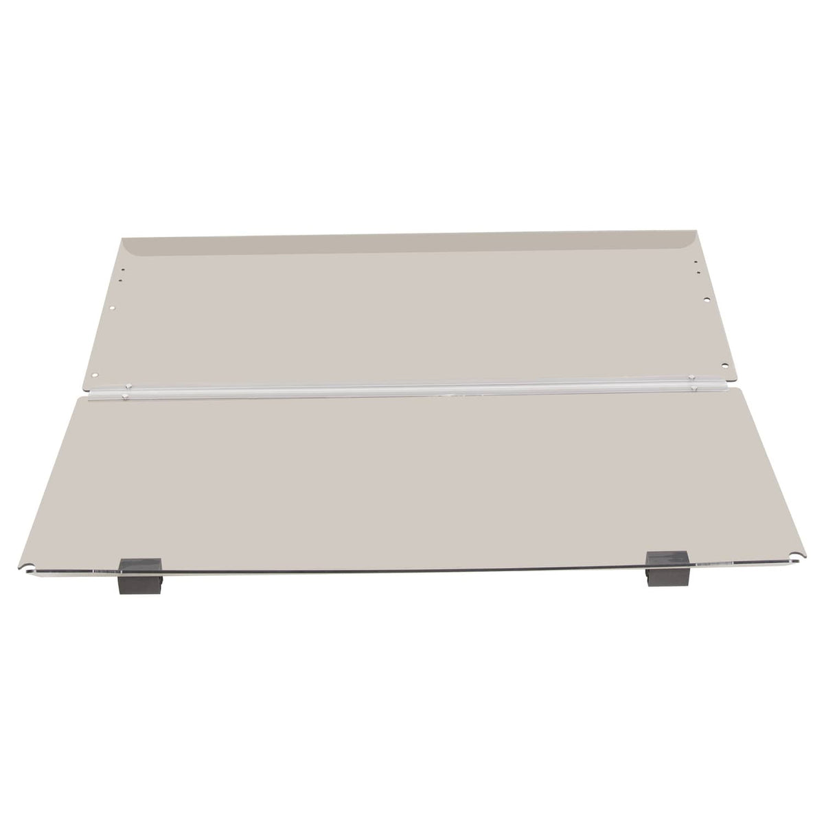 Two-panel tinted folding golf cart windshield with black latch-style corner mounts
