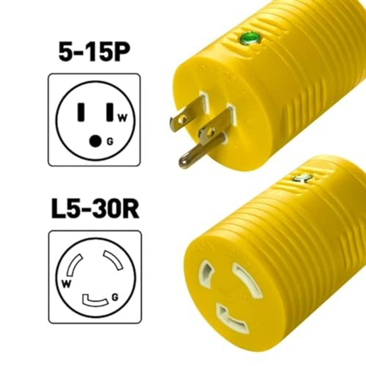 Yellow 5-15P to L5-30R power adapter with green LED, male plug and twist-lock female socket