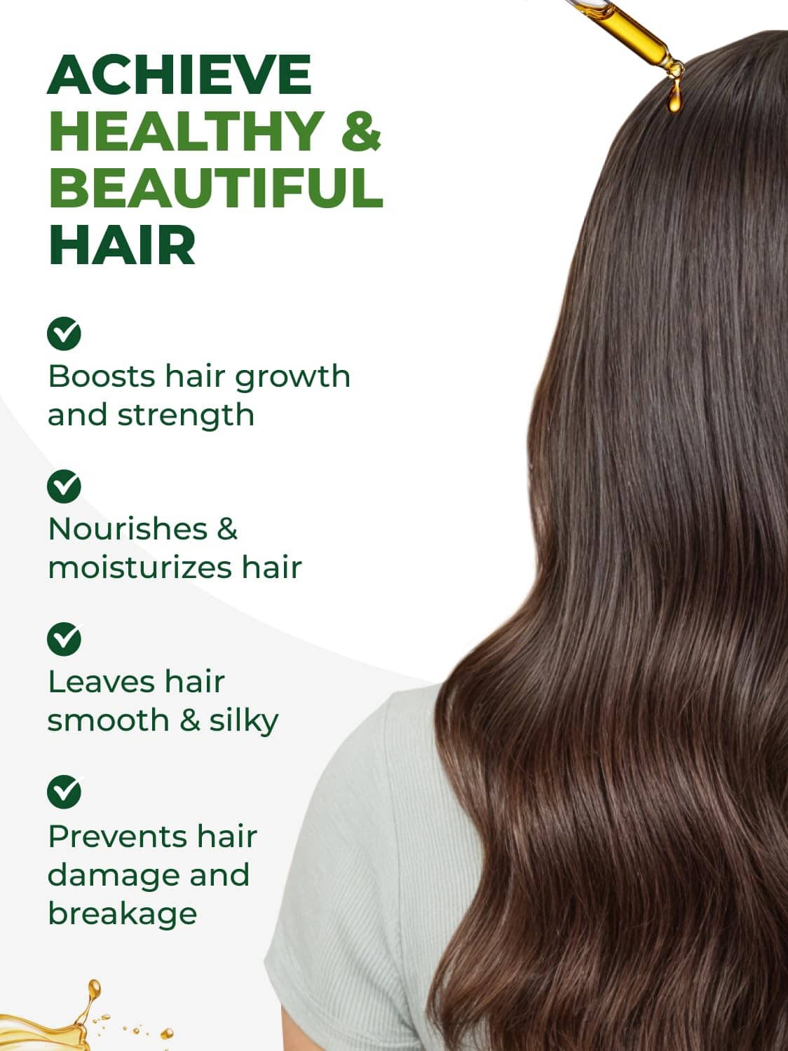 Moringa oil on dark hair strand with dropper, product bottle label visible