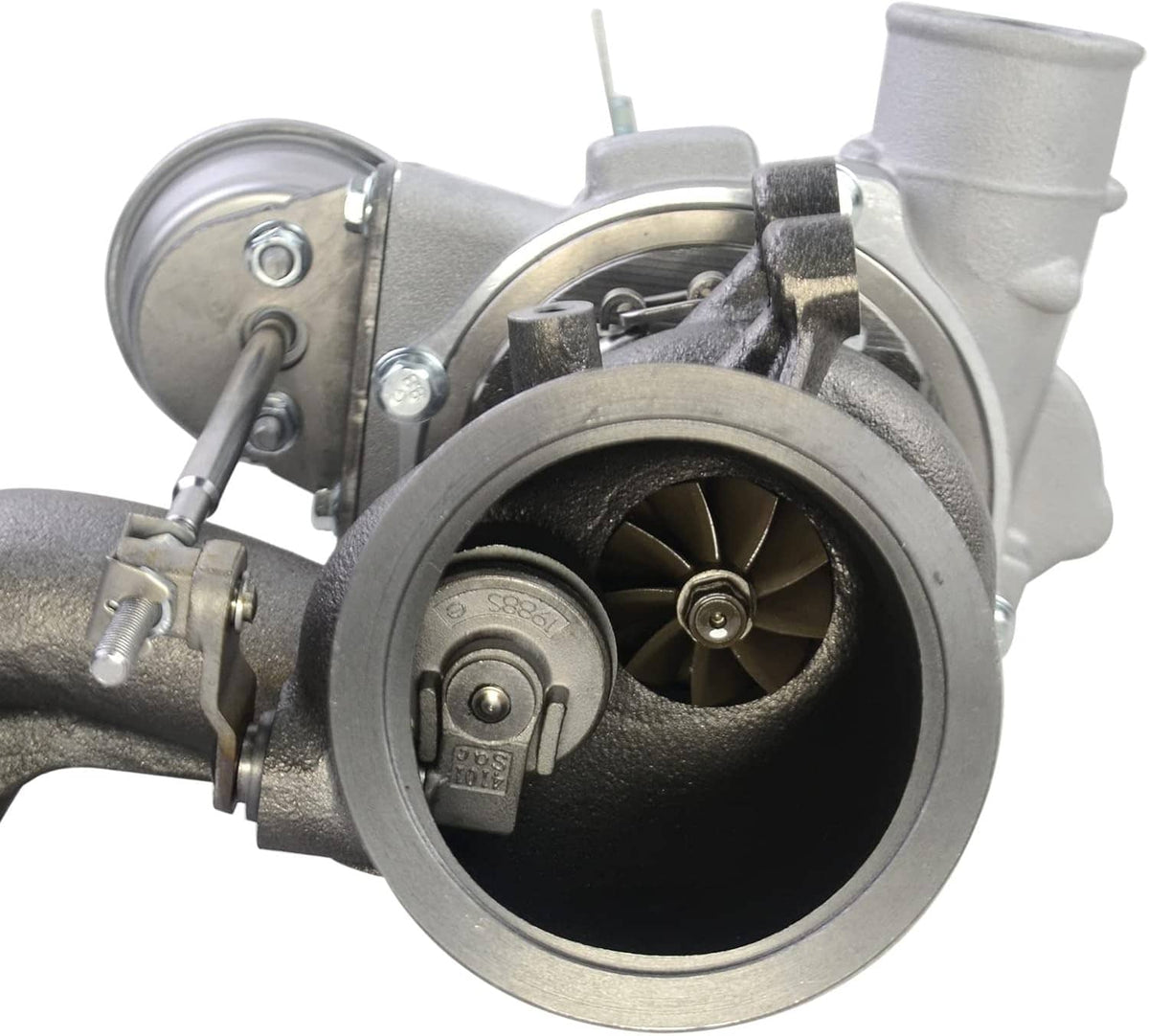 Turbocharger turbine wheel close-up inside metal housing