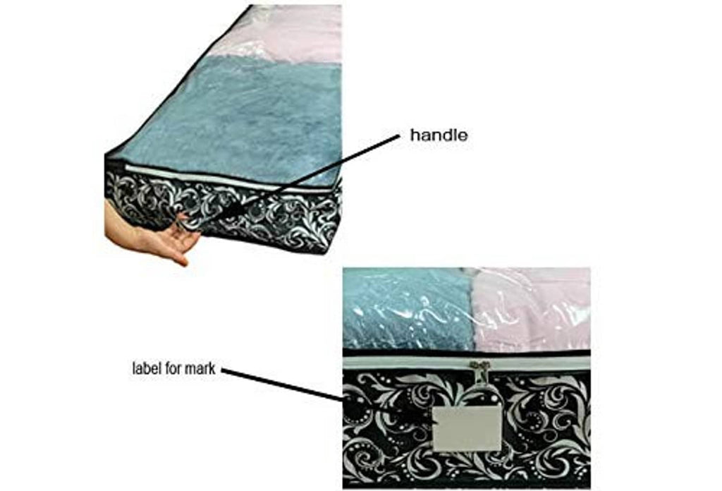 Under-bed storage bag organizer with side handle and label mark detail, black scroll fabric