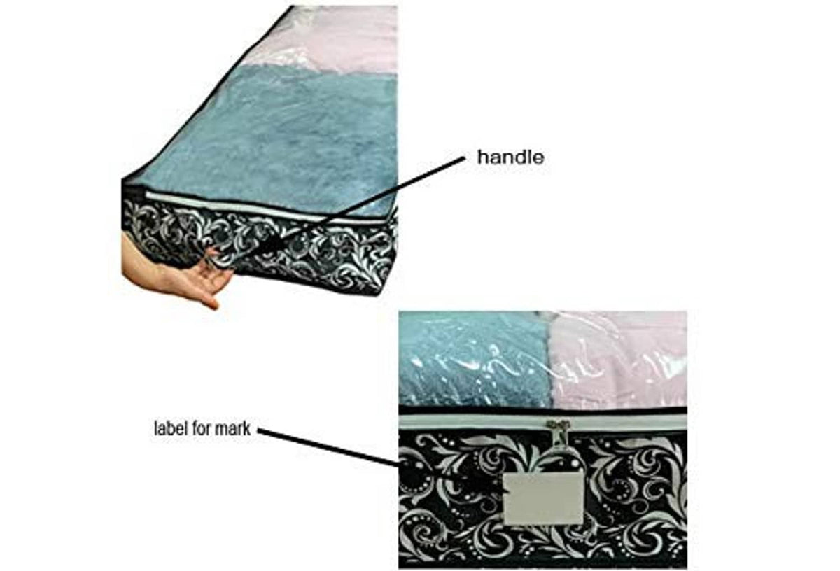 Under-bed storage bag organizer with side handle and label mark detail, black scroll fabric