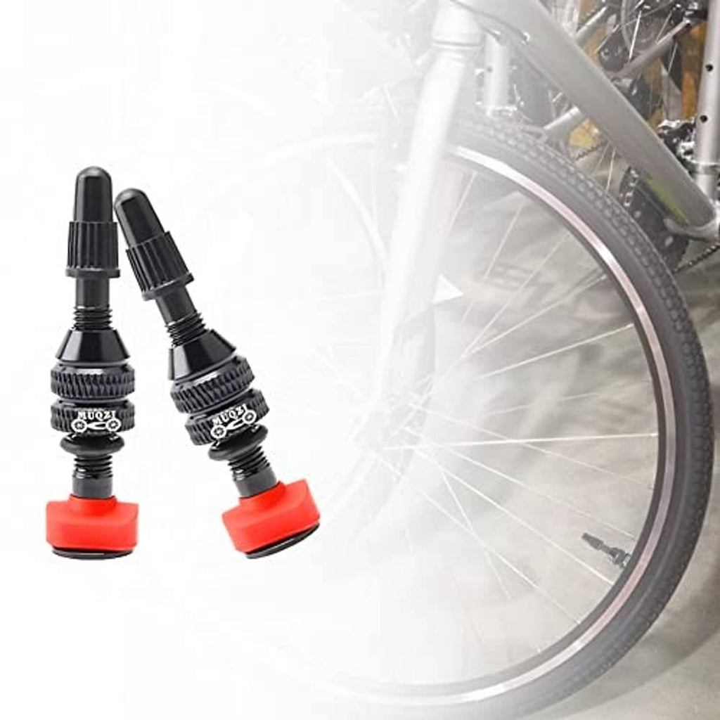 Two Presta tubeless valve stems with red bases beside a bicycle wheel