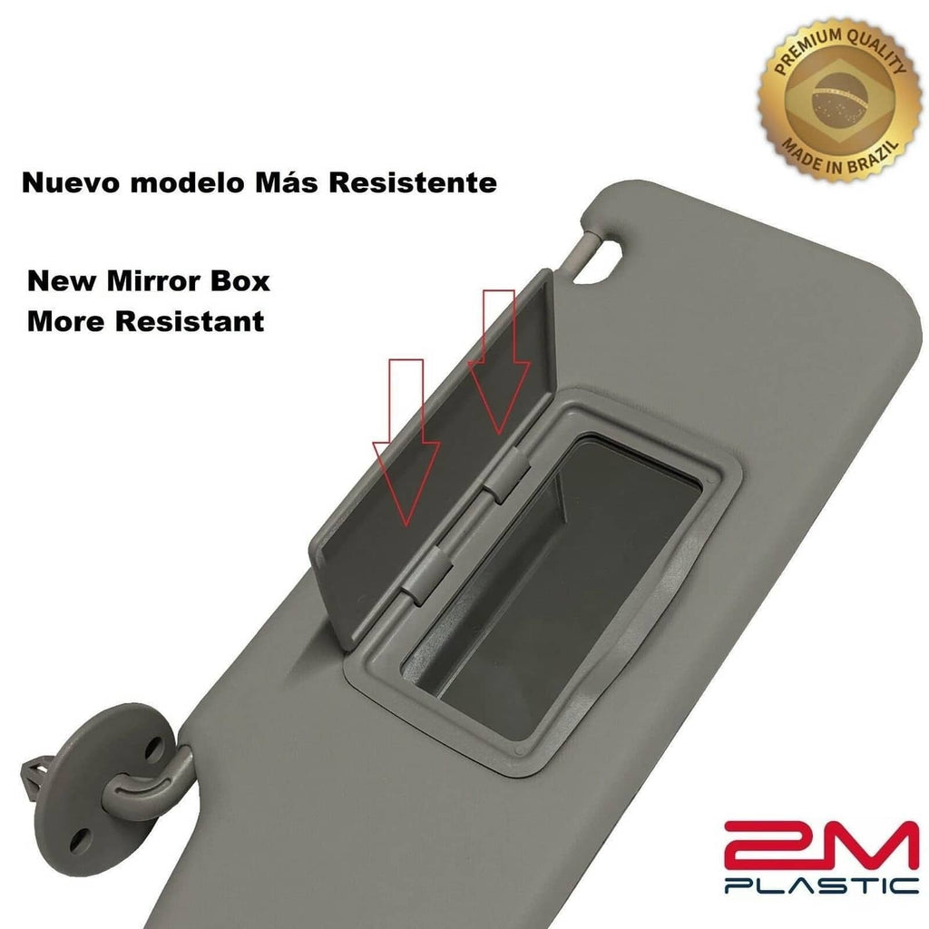 Gray sun visor with vanity mirror opening and side mounting bracket, PM Plastic