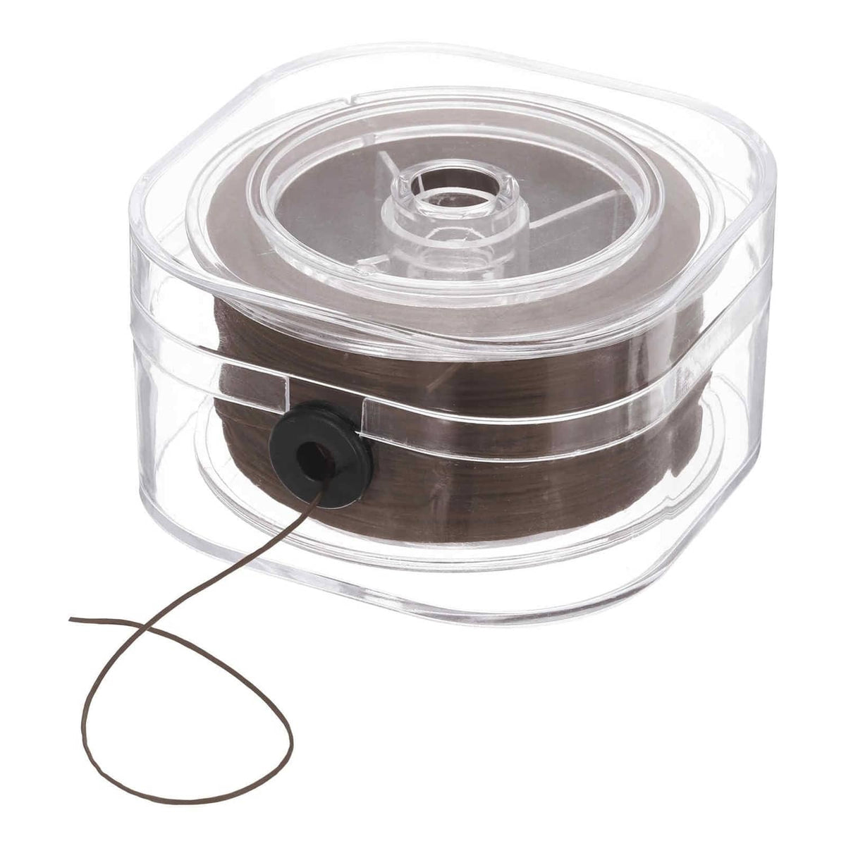Brown elastic string for bracelets on a clear spool with a loose cord end