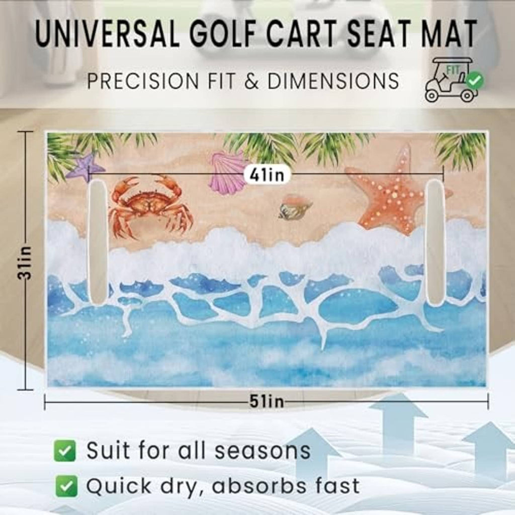 Beach-themed golf cart seat mat with ocean wave print, crab, starfish, and seashells