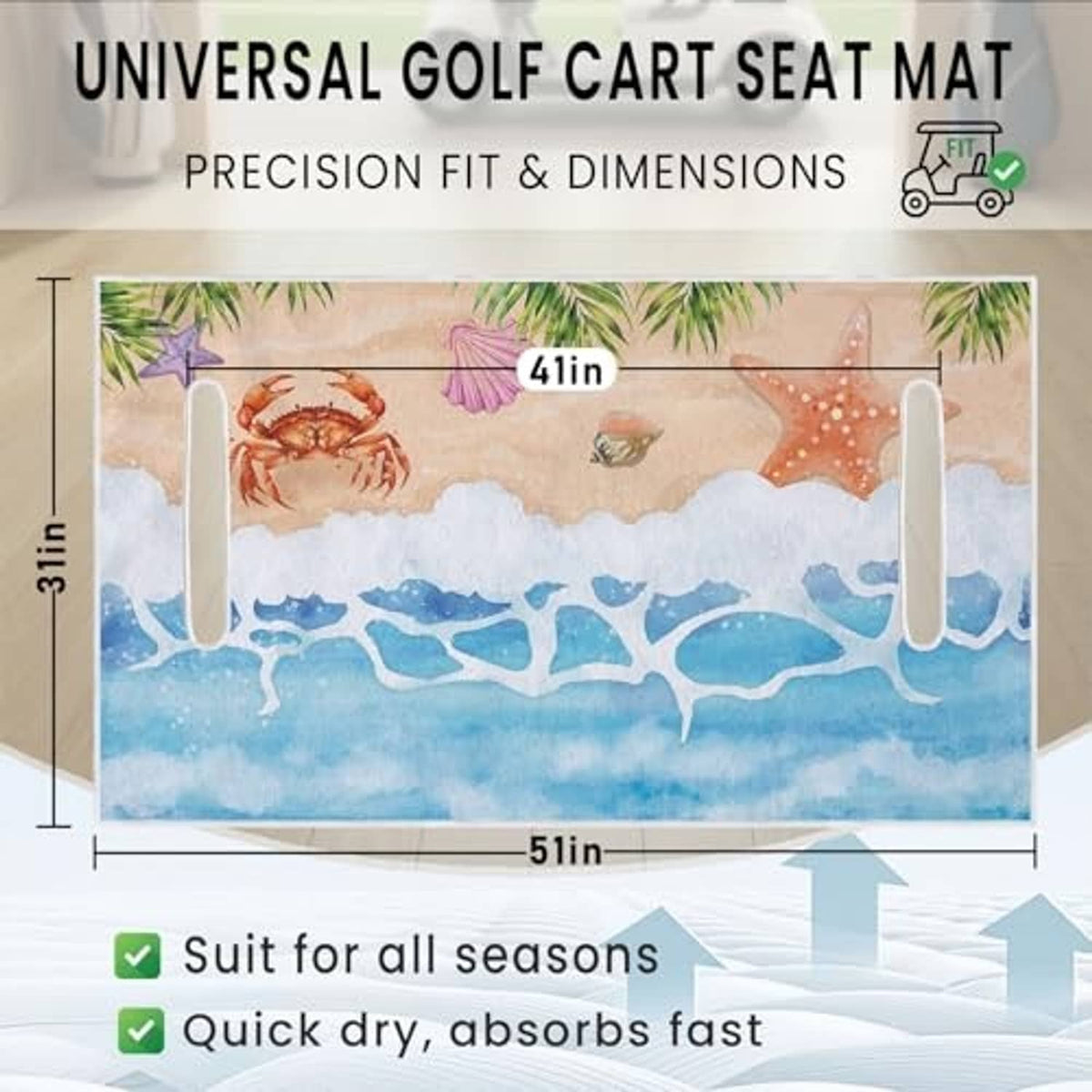 Beach-themed golf cart seat mat with ocean wave print, crab, starfish, and seashells