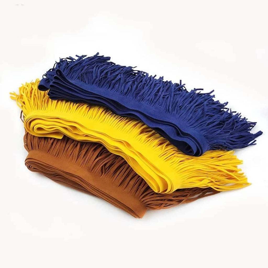 Rolled velvet fringe trim in blue, yellow, and brown, double-faced with straight tassels
