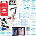 Red waterproof first aid kit roll-top with tools, bandages, and instruction cards