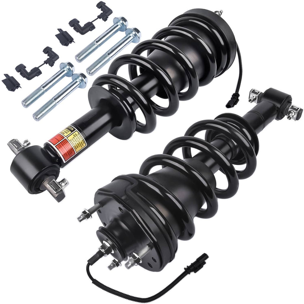 Pair of black shock struts with coil springs, mounting bolts, and wiring connectors