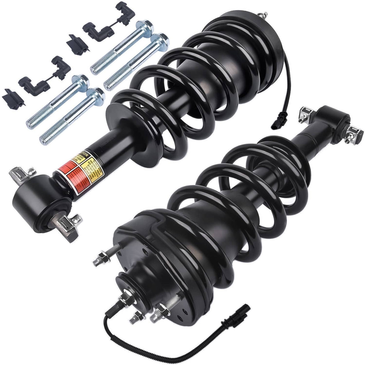 Pair of black shock struts with coil springs, mounting bolts, and wiring connectors