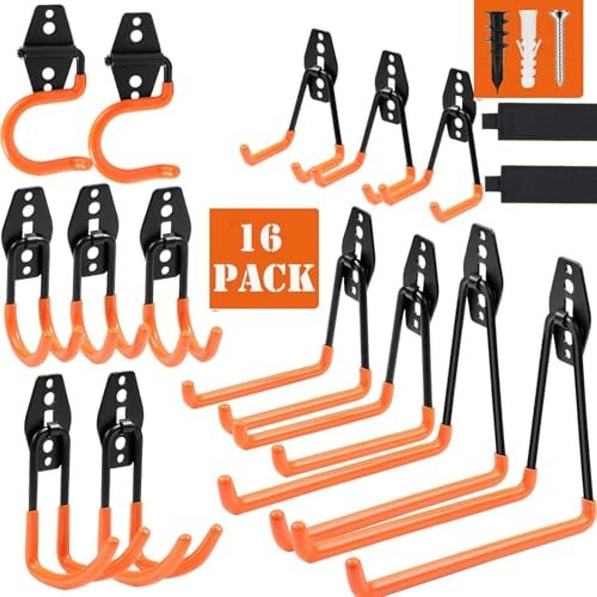 Set of heavy-duty garage wall hooks with black mounts and orange curved hook ends