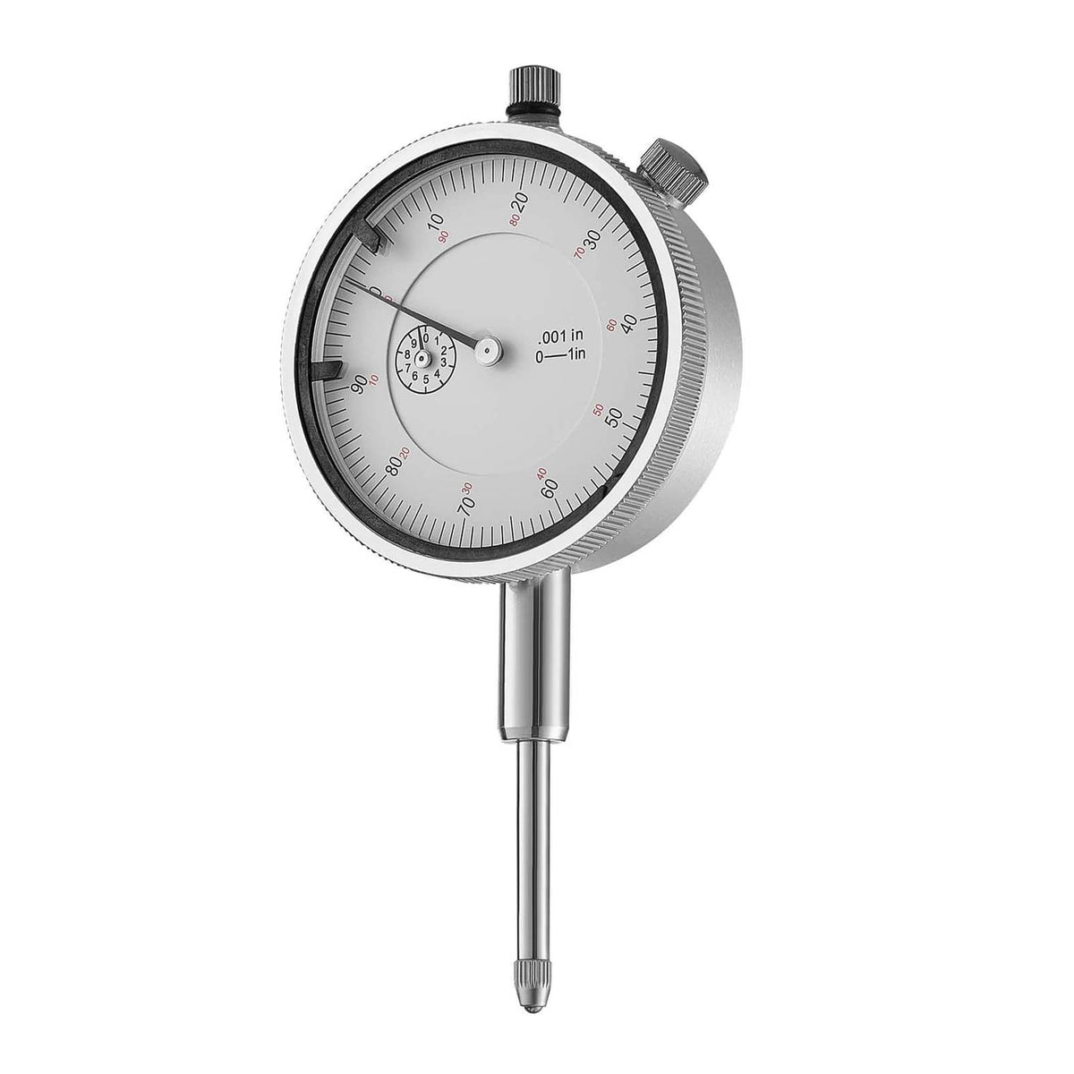 Dial test indicator angled view with round gauge face, metal bezel, and probe stem