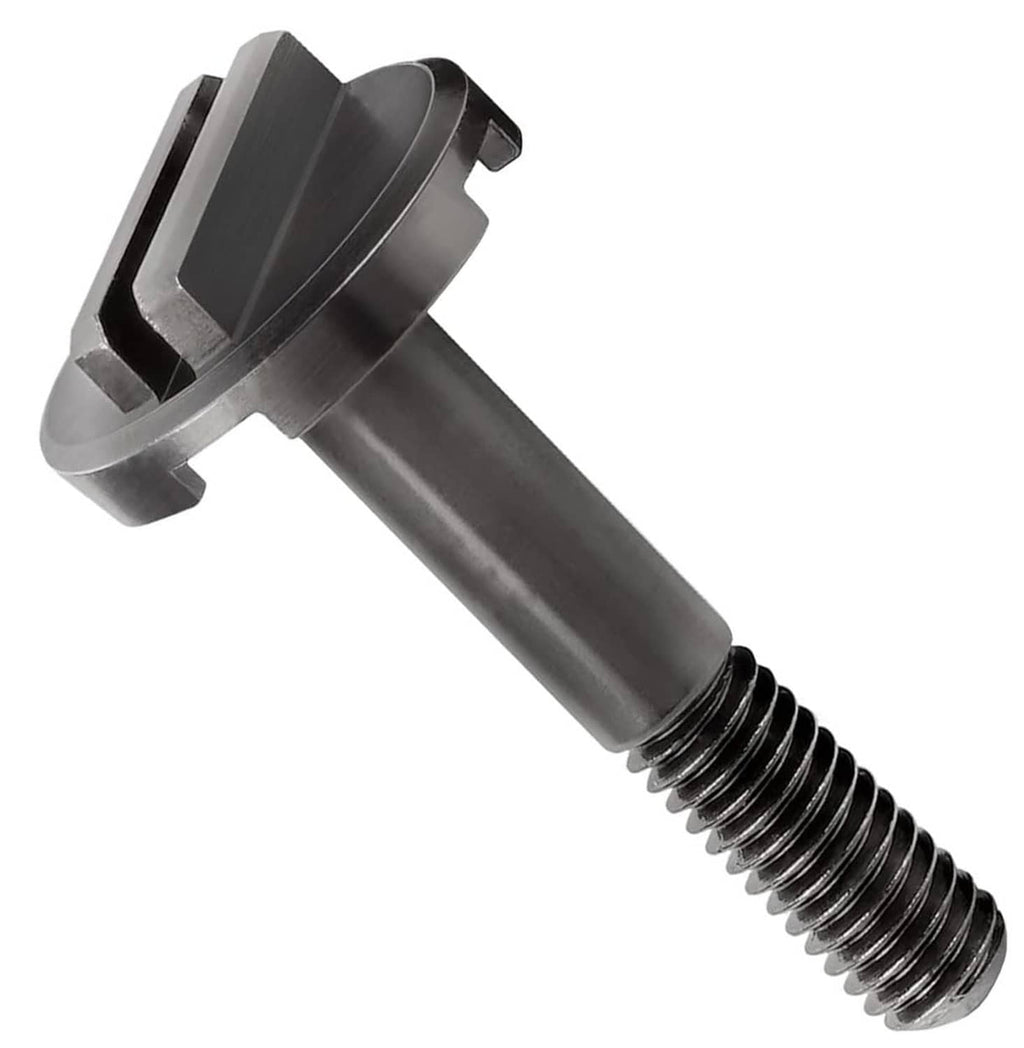 Blade backing pad screw, dark head with threaded metal shank and mounting tab.