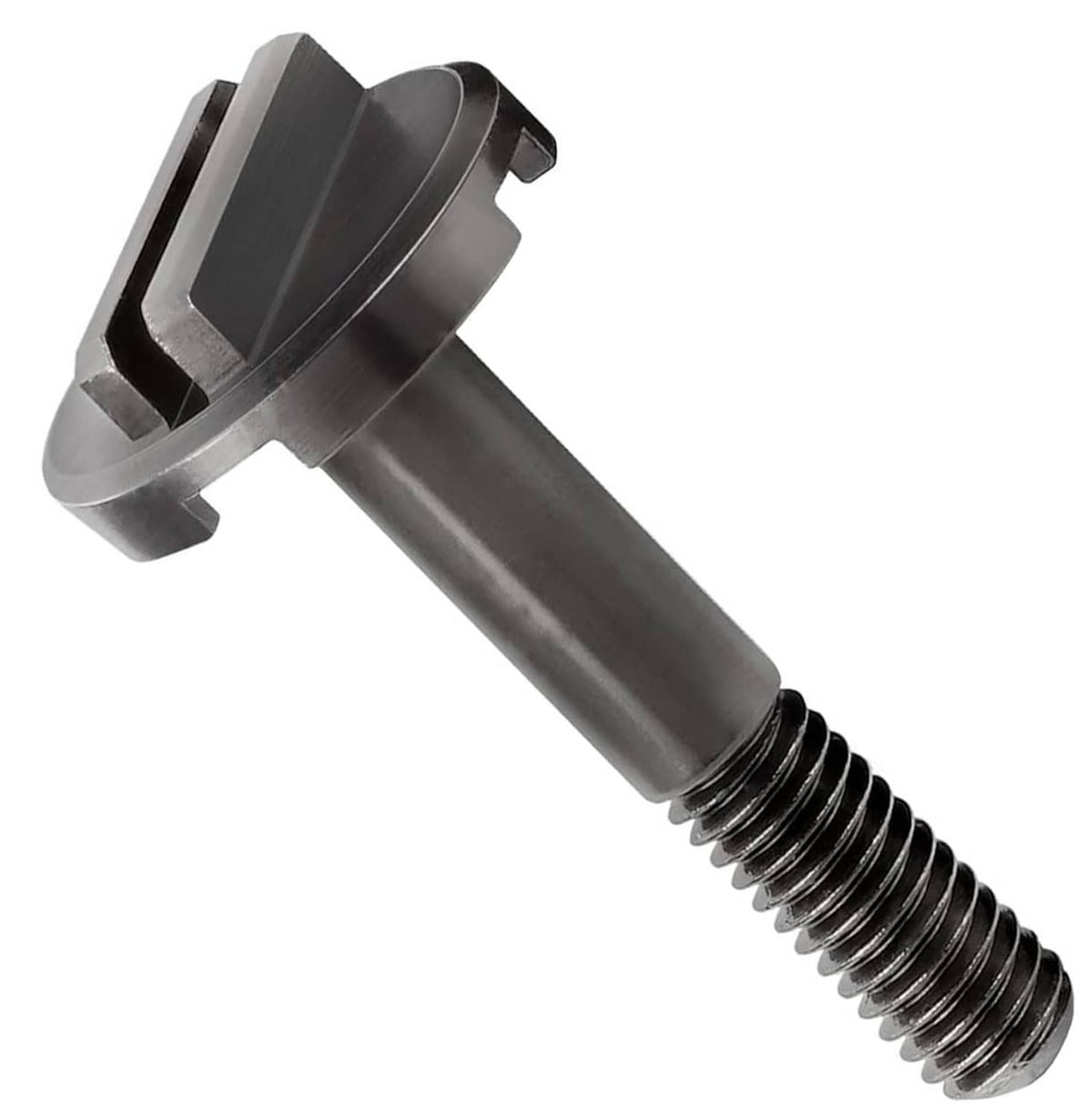 Blade backing pad screw, dark head with threaded metal shank and mounting tab.