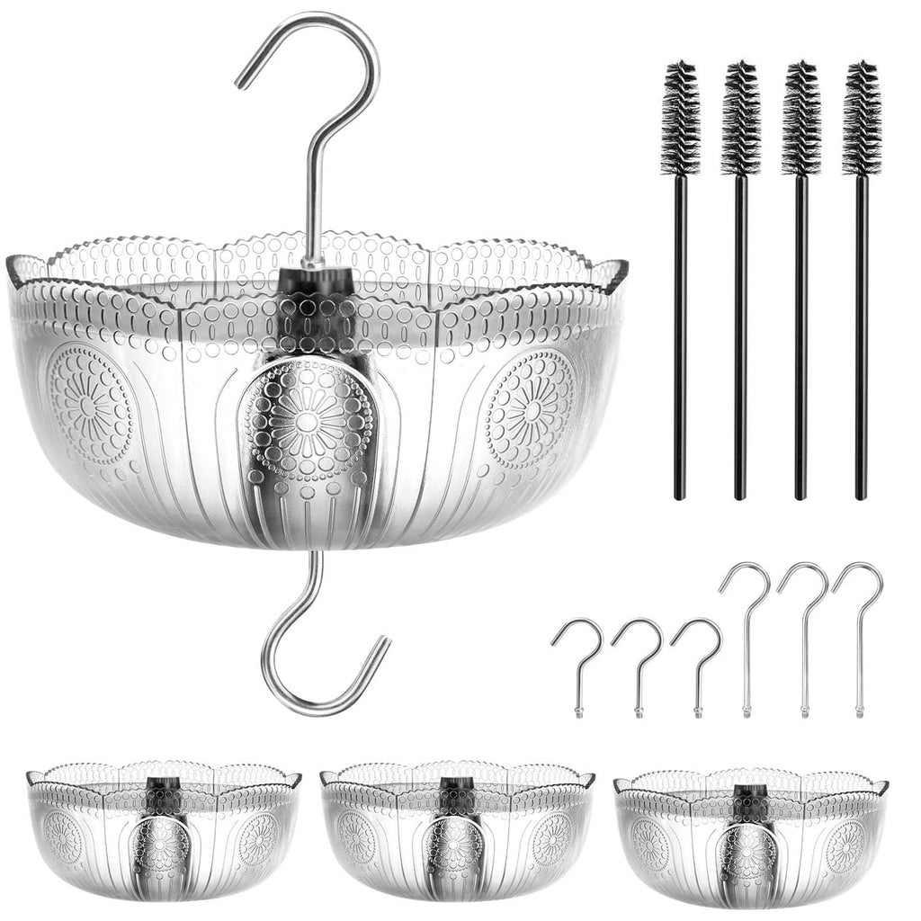 Clear hanging ant moat basket with curved hook, dotted pattern, and included mounting parts