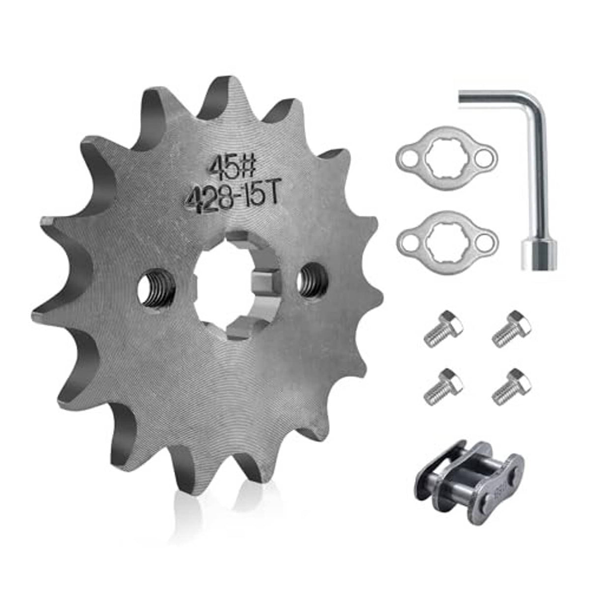 Motorcycle front engine sprocket with small hardware kit, dark metal finish