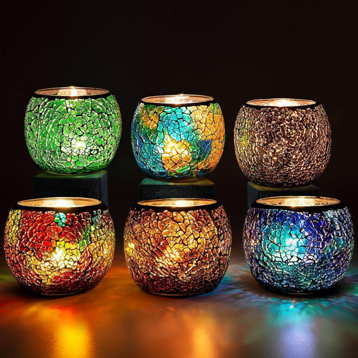 Six-pack mosaic glass votive candle holders, multi-color cracked-glass design.