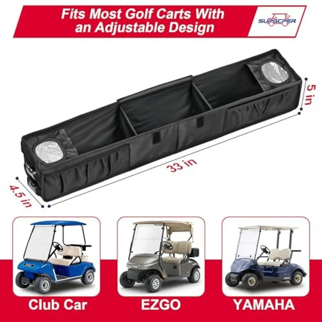 Adjustable black golf cart front storage basket with end cup holders