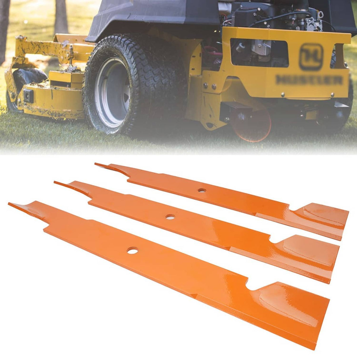 Orange mower blades set with mounting holes, laid out for replacement