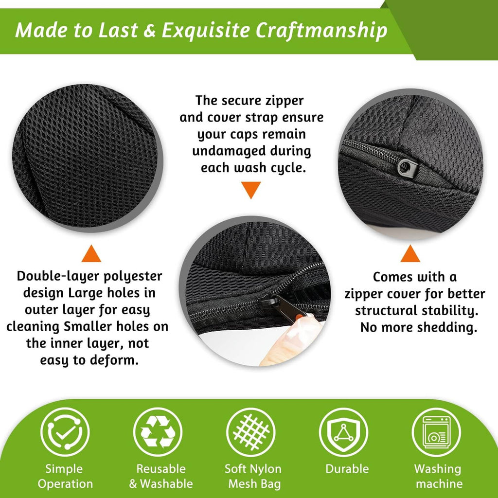 Black hat washer cage with double-layer mesh, zipper cover, and strap details