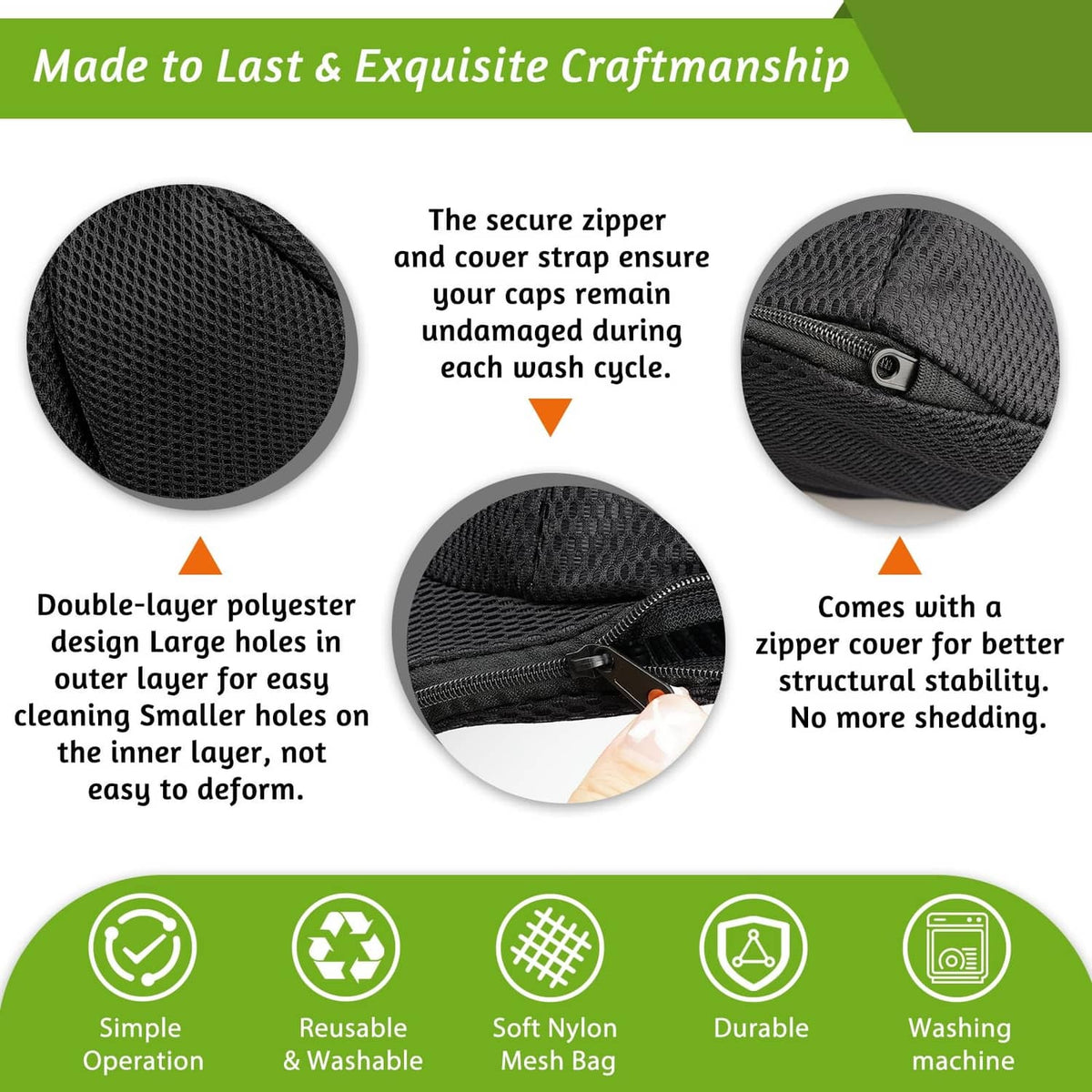 Black hat washer cage with double-layer mesh, zipper cover, and strap details