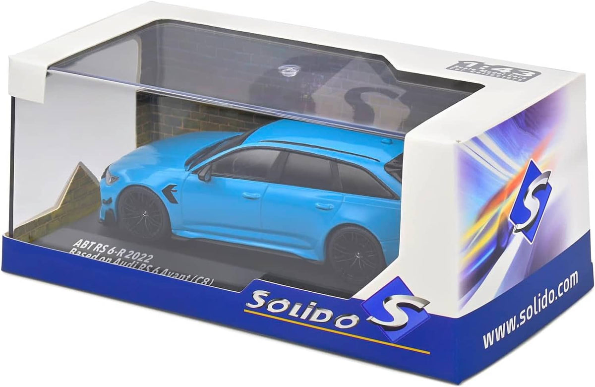 Blue ABT-tuned Audi RS6 die-cast model car in retail display box with window