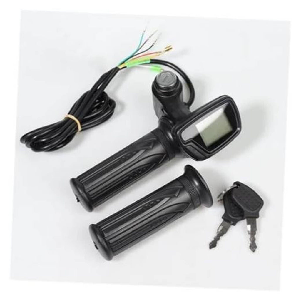 Electric bike handlebar throttle with LCD display, black grips, and wiring harness
