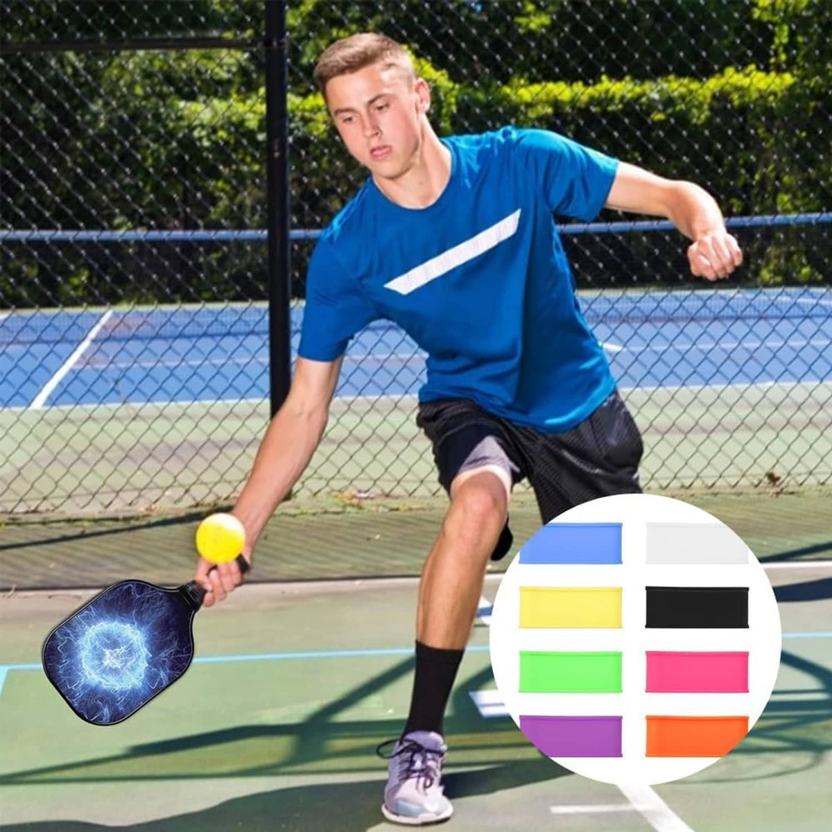Pickleball paddle in play with color band swatches showing bright band colors
