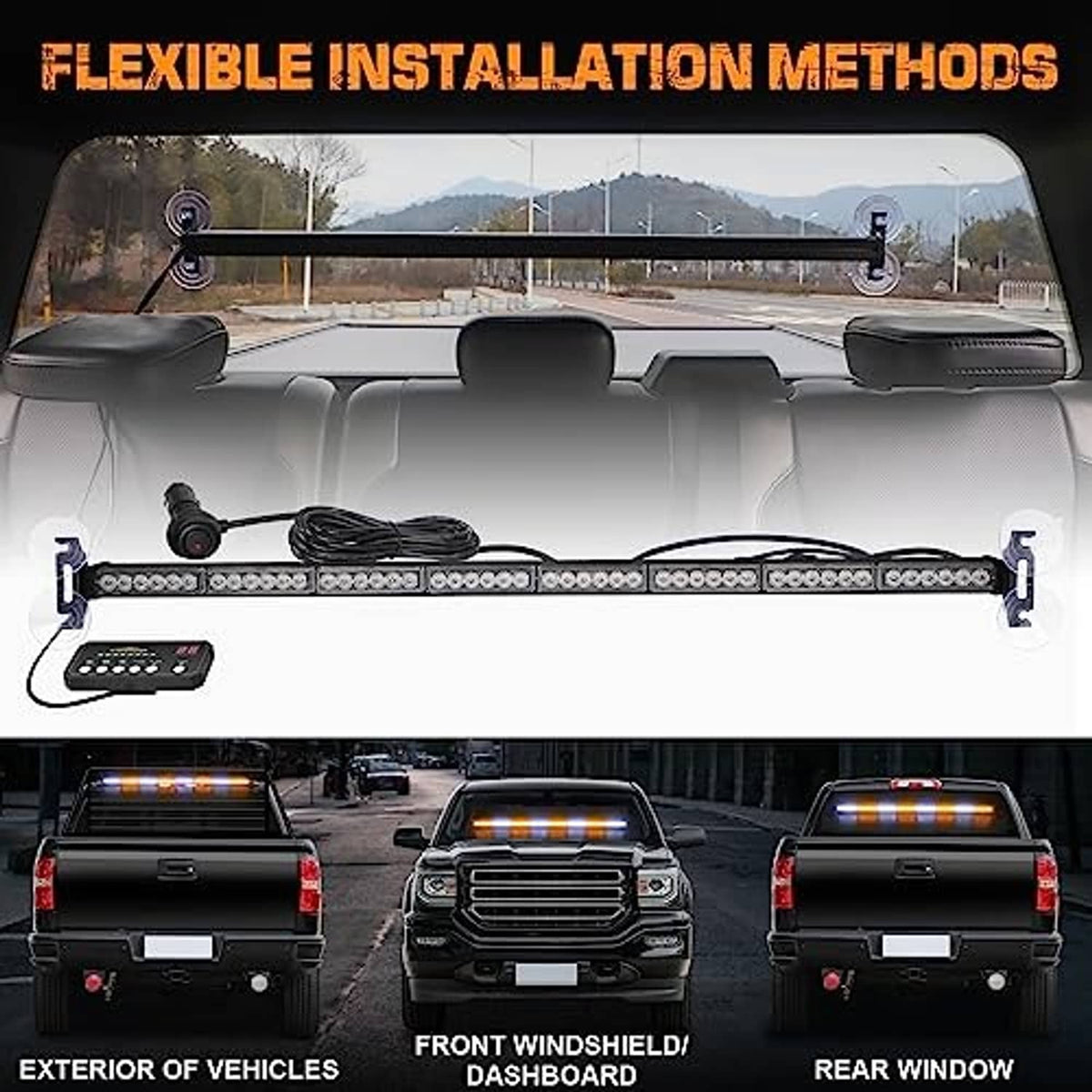 Flexible installation traffic light bar with amber/white LED strip and dashboard controller