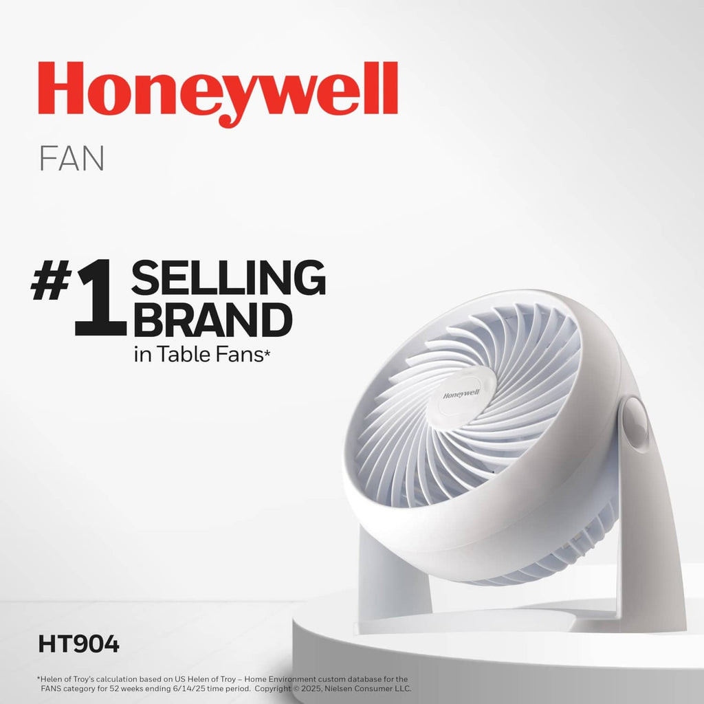 Honeywell white tabletop fan with circular grille and side handle