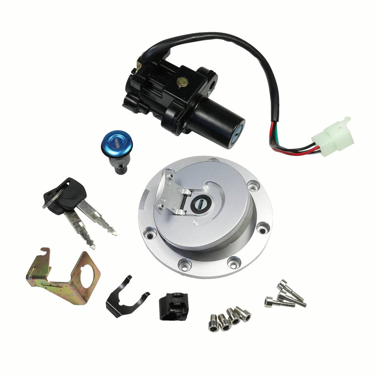 Ignition switch lock keys kit with round silver cap, black switch, and key set