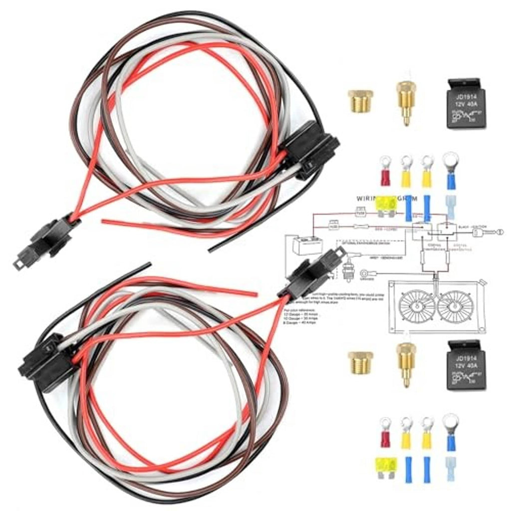Dual fan relay wiring kit with two harness loops, red/black wires, and brass terminals