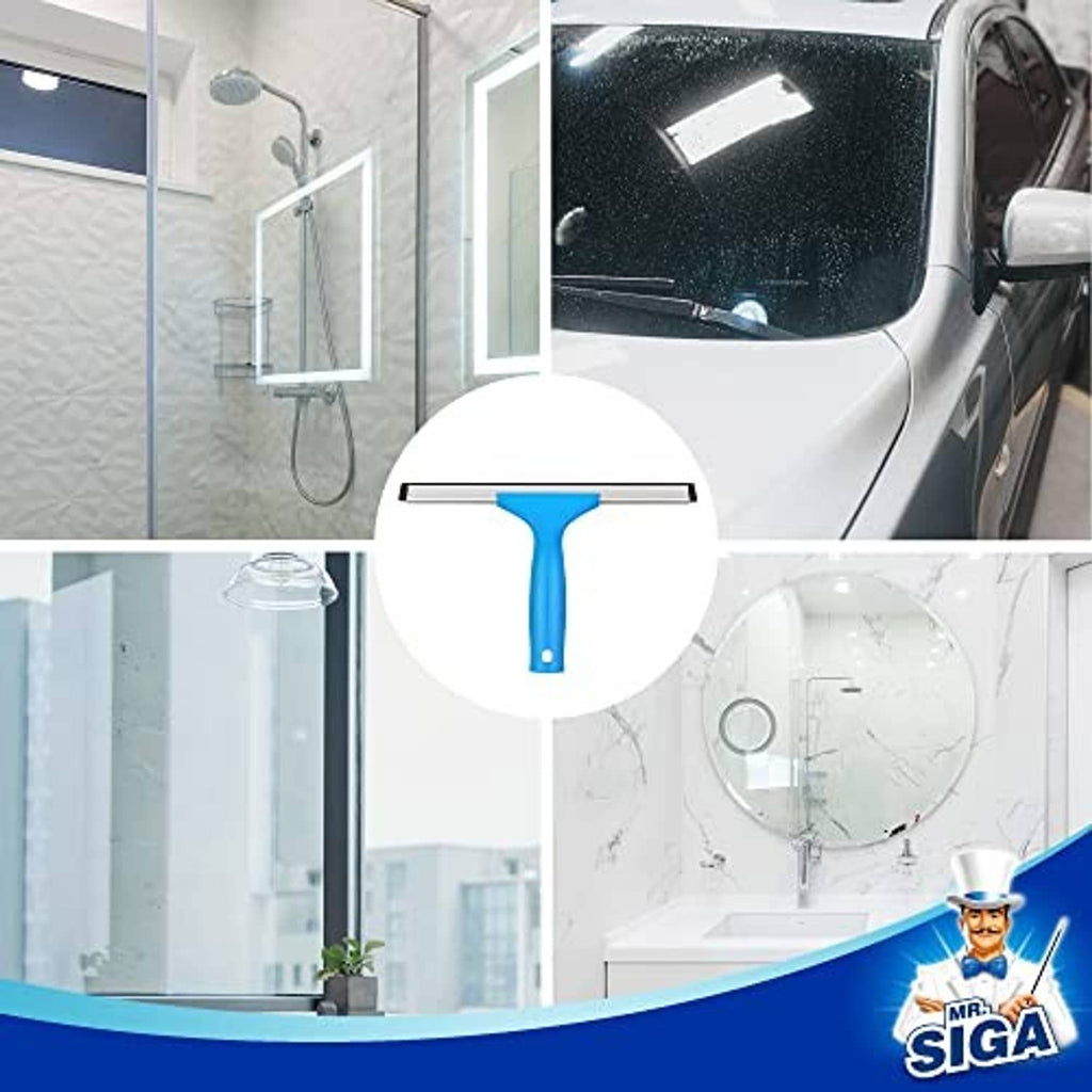 Blue window cleaning squeegee and microfiber scrubber set
