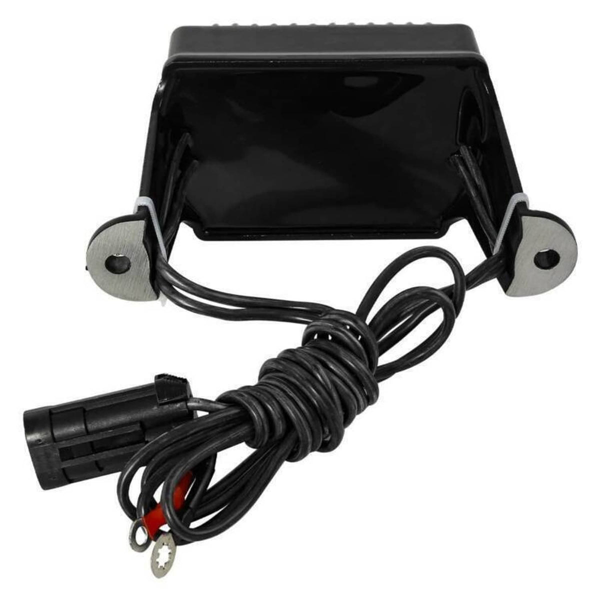 Black voltage regulator module with mounting tabs and wire harness