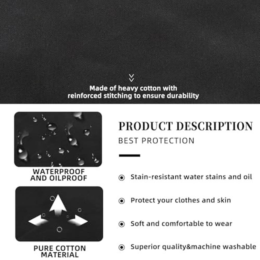 Black heavy cotton apron graphic showing water-resistant, stain-resistant features