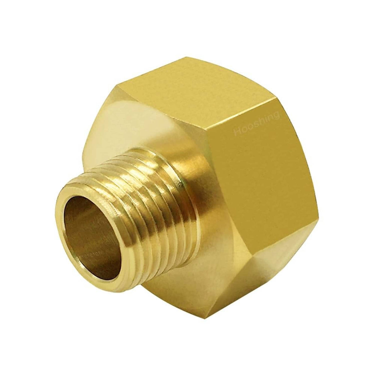 Brass garden hose adapter with hex body and male NPT threads, close-up