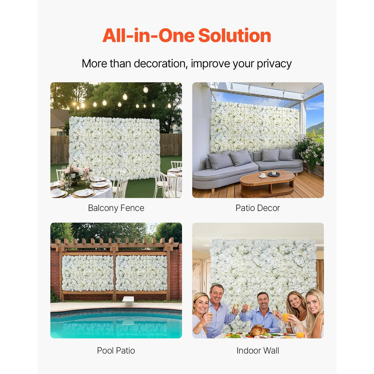 White artificial flower wall panel for outdoor privacy with dense 3D blossoms