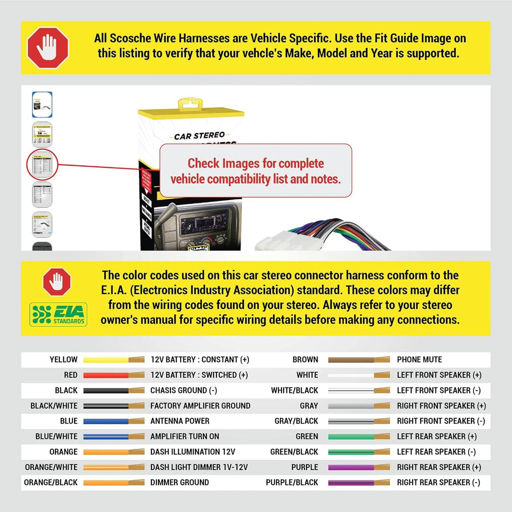 Packaging and wiring harness layout with color-coded car stereo connector leads