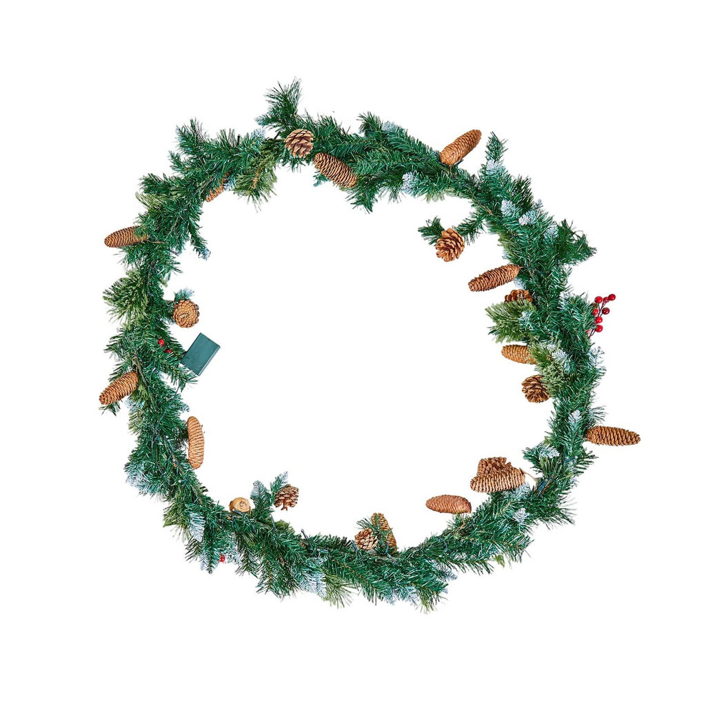 9ft pre-lit Christmas garland wreath with pine needles, pinecones, and red berries