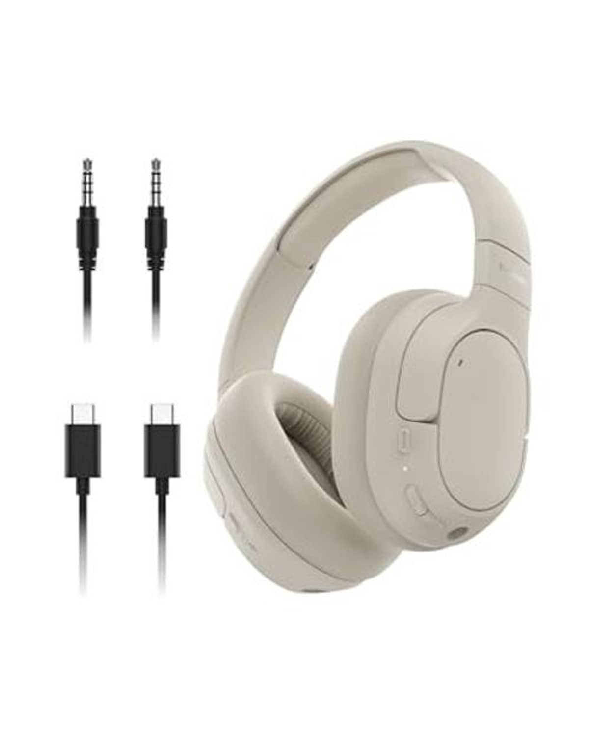 Cream over-ear ANC headphones with audio cable set, including two black connectors