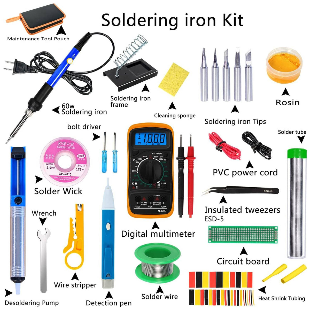 Soldering iron kit with blue iron, orange digital multimeter, solder wire, and accessories