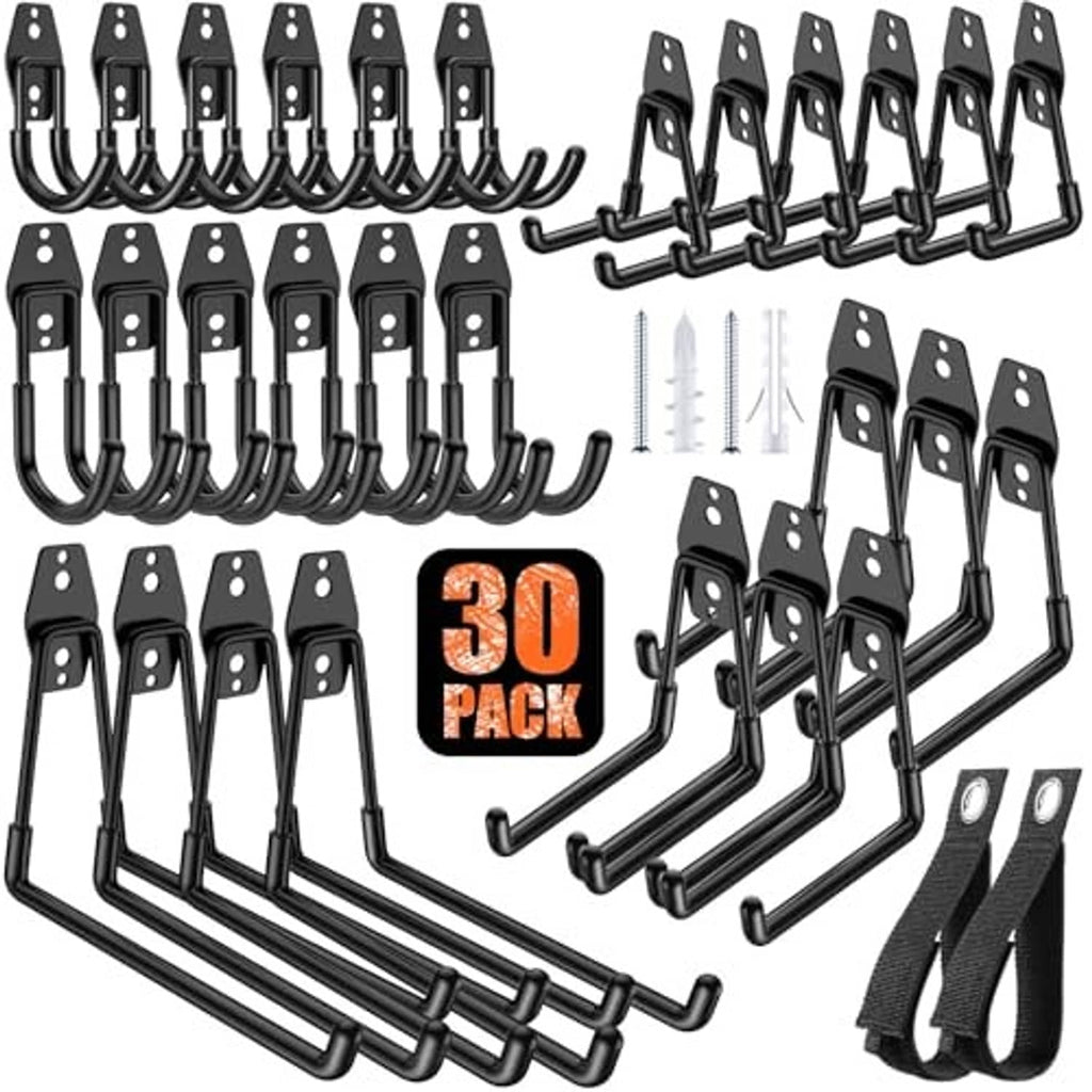 Black 30-pack garage hooks set with mounting screws and plastic anchors