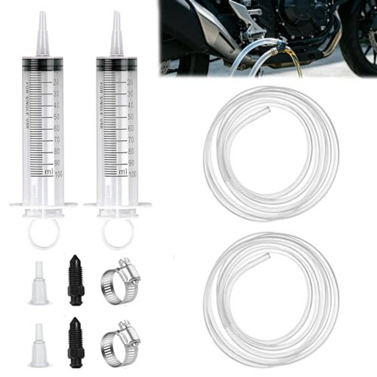 Brake bleeding kit set with two syringes, two loops of clear hose, and adapter parts.