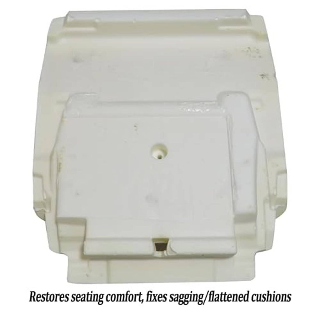 Light beige underside of front seat bottom foam cushion pad with circular mounting hole