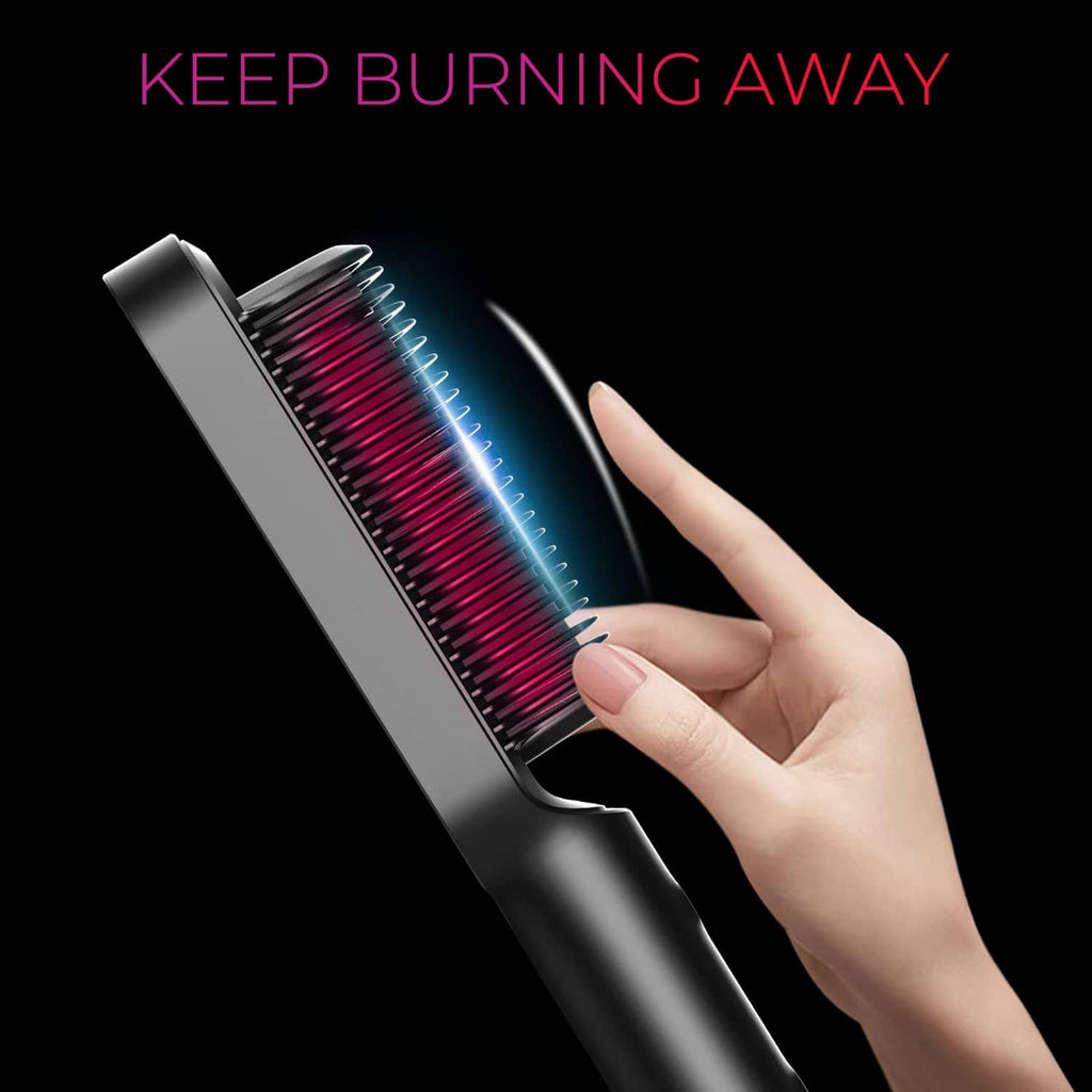 Black hair straightener brush with glowing heated comb teeth for smoothing hair
