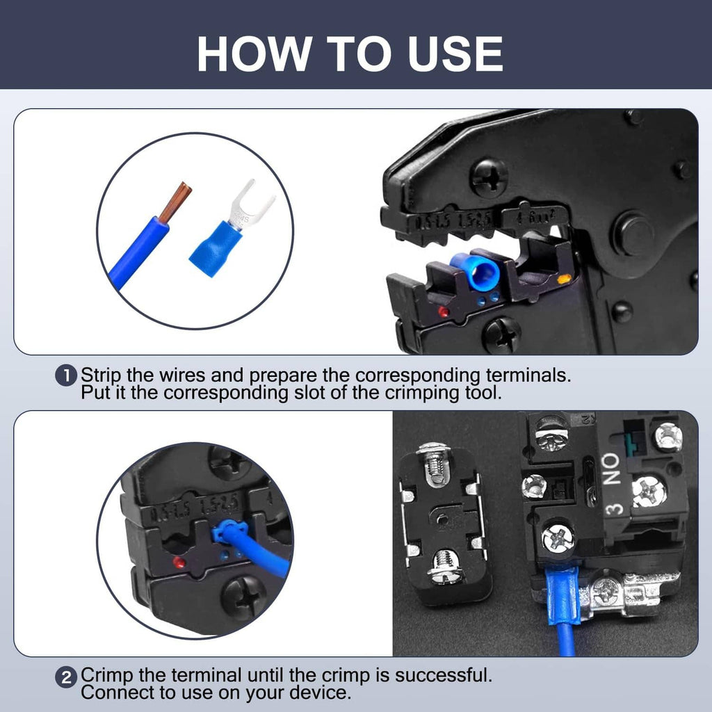 Crimping terminals tutorial showing insulated crimp connections and crimping tool steps