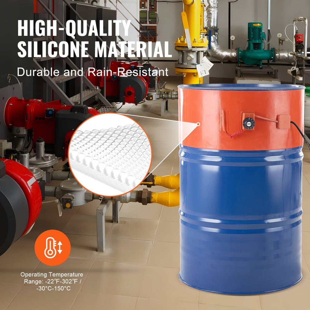 Orange drum heater wrap with blue metal band and silicone material focus