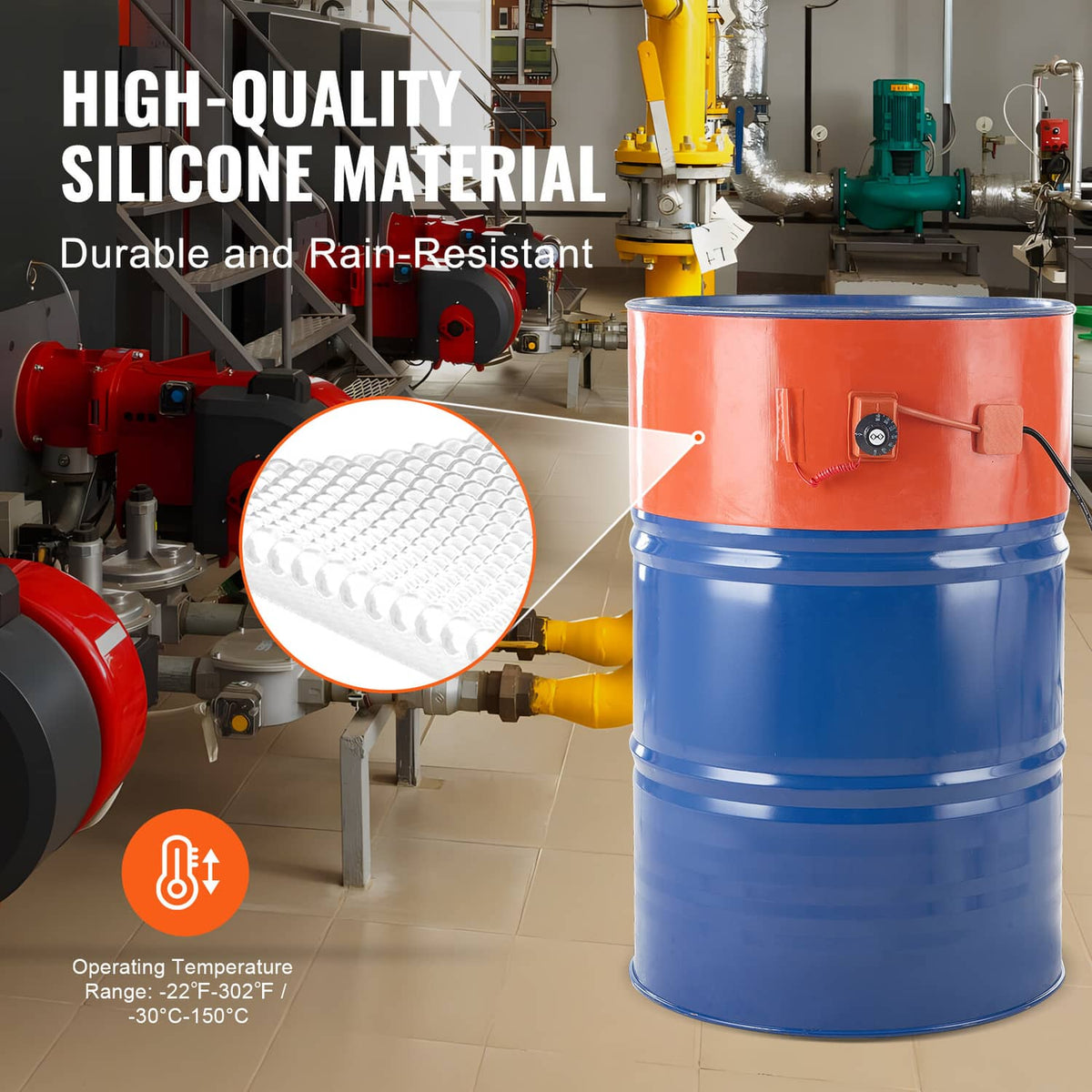 Orange drum heater wrap with blue metal band and silicone material focus