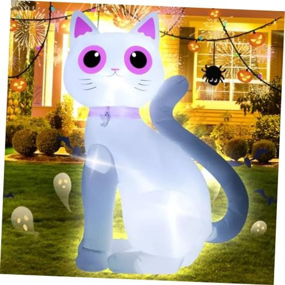 White inflatable cat decoration with LED lights, smiling face and curled tail.
